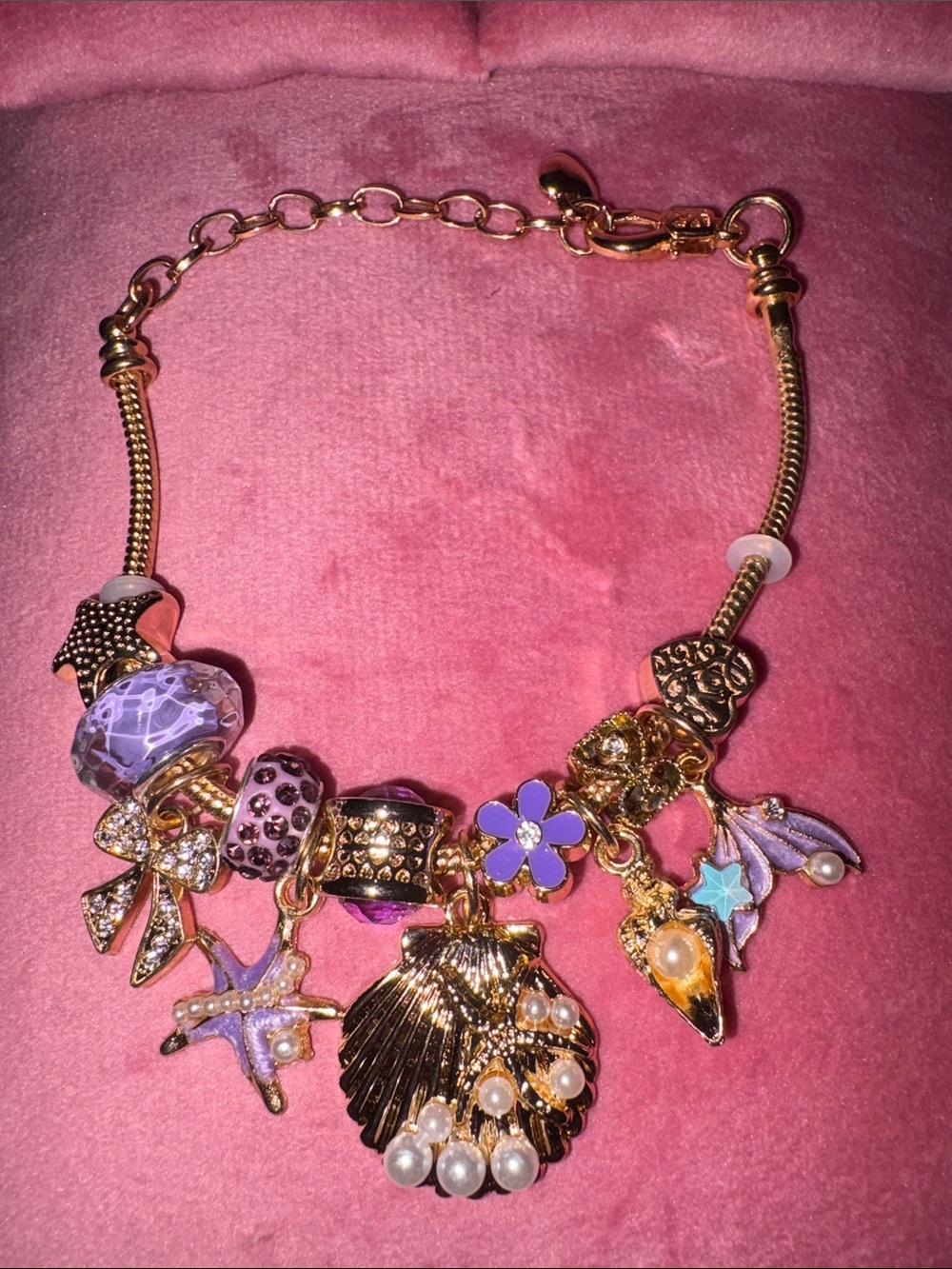 Gold-Tone Purple Charm Bracelet with Shell and Pearl Accents